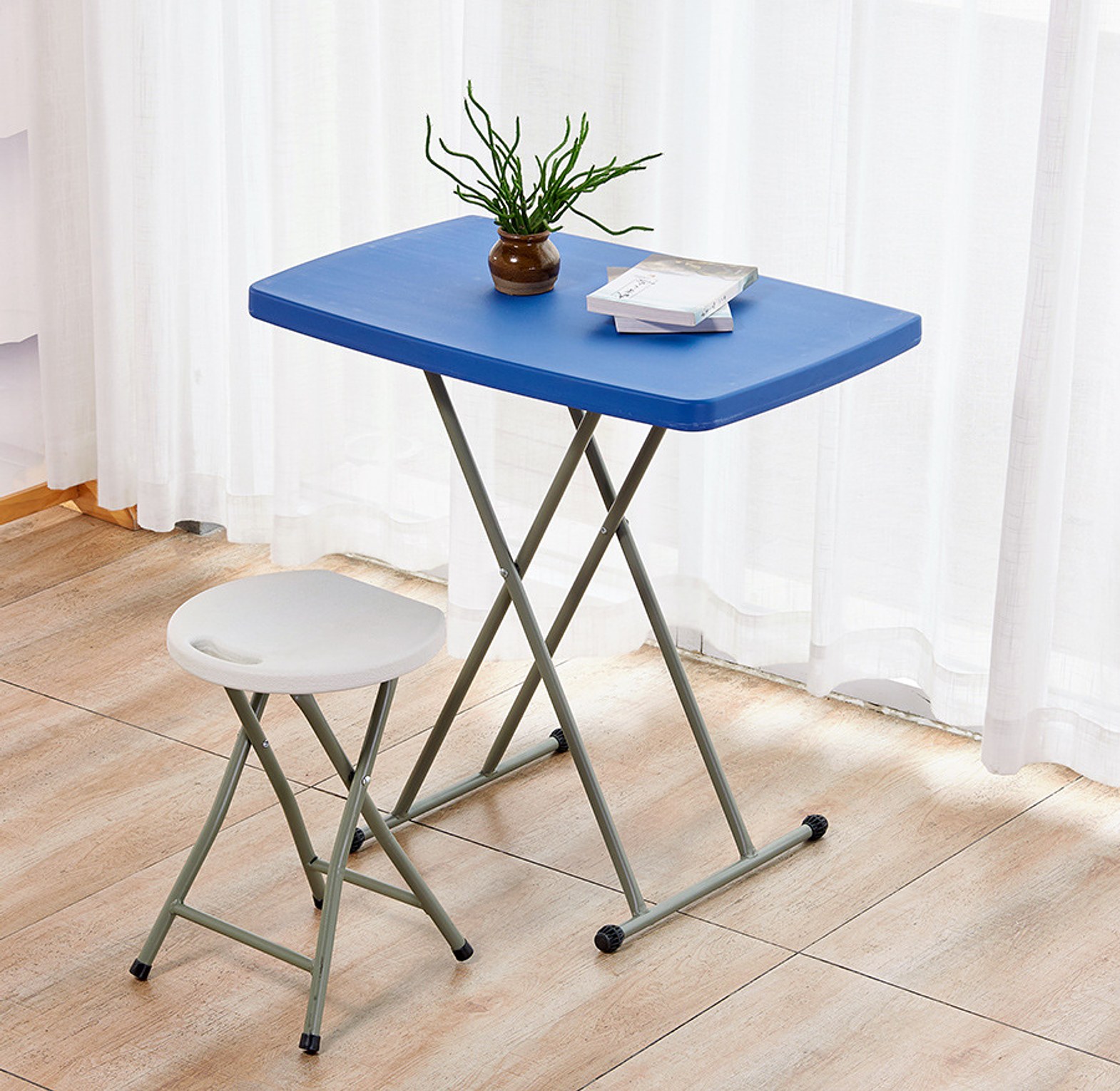  Adjustable Height Snack Table for Home Camping Picnic Party, Blue. Portable or lightweight folding table.  image