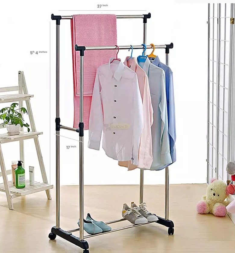 Stainless steel double-pole floor coat rack with wheels image