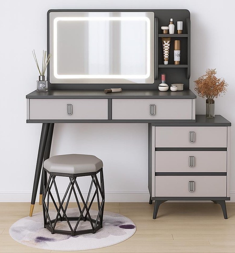 Modern Bedroom Vanity with LED Mirror, 5 Drawers & High-Gloss MDF Finish image