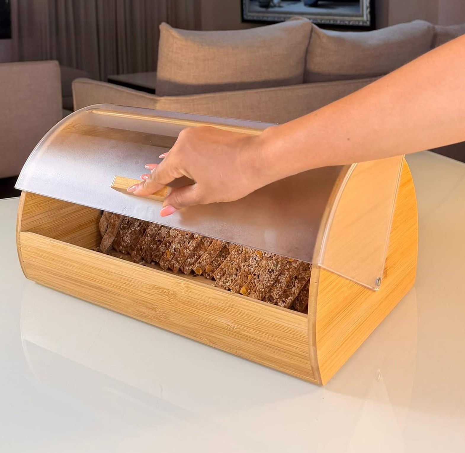 Bamboo Bread Bin & Bread Box with Roll-Top Frosted Clear Lid – Moisture-Absorbing Countertop Bread & Pastry Storage image