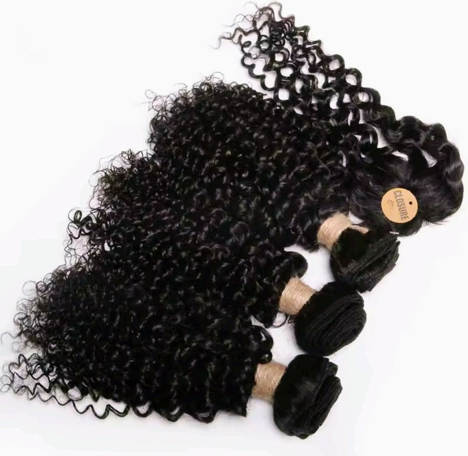 Natural Black Kinky curl human hair weave bundles with closure. 3 bundles 12 inches each and closure image