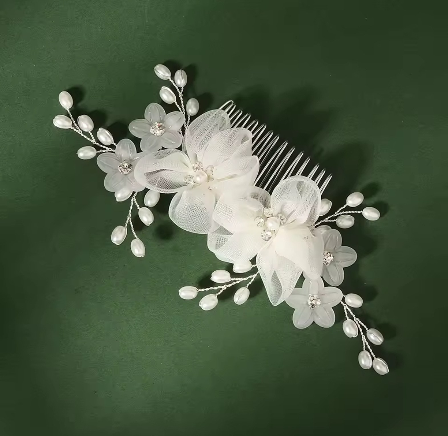 White Pearl Organza Bridal Hair Comb and Pins image