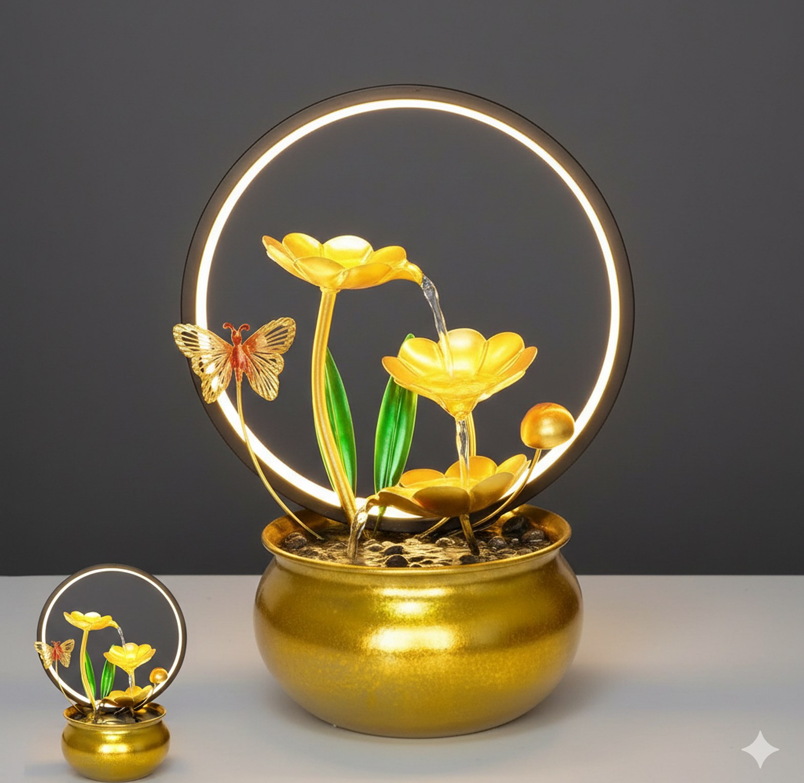 Luxury Golden Lotus Tabletop Water Fountain with Circular LED Light & Butterfly Accents - Modern Indoor Decor for Homes & Offices image