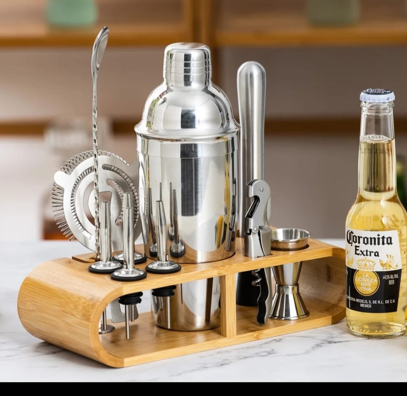 12-Piece Stainless Steel Cocktail Bar Set with Bamboo Stand image