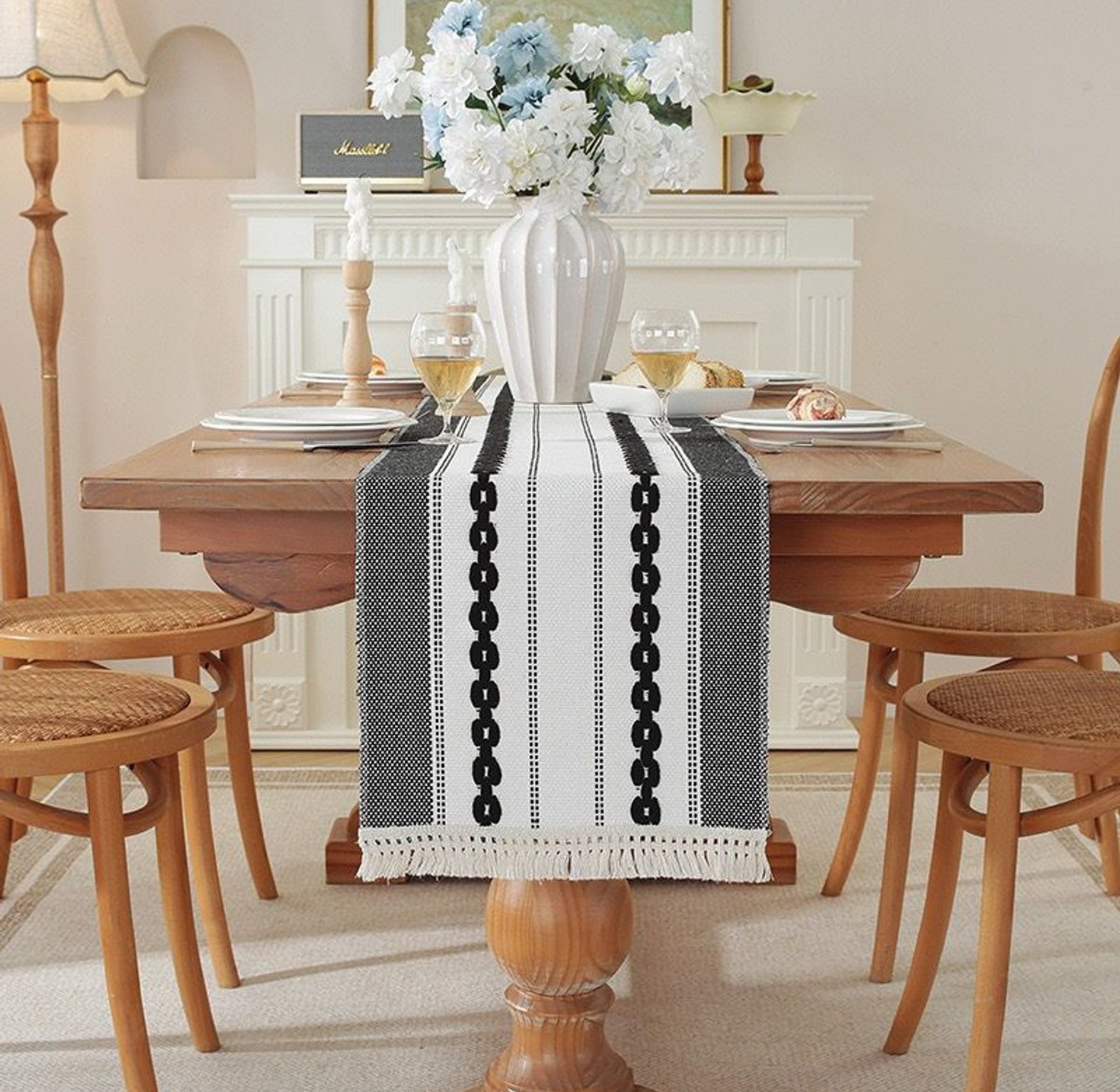 Modern Simple Tassel Cotton Linen Table Runner 9pcs image