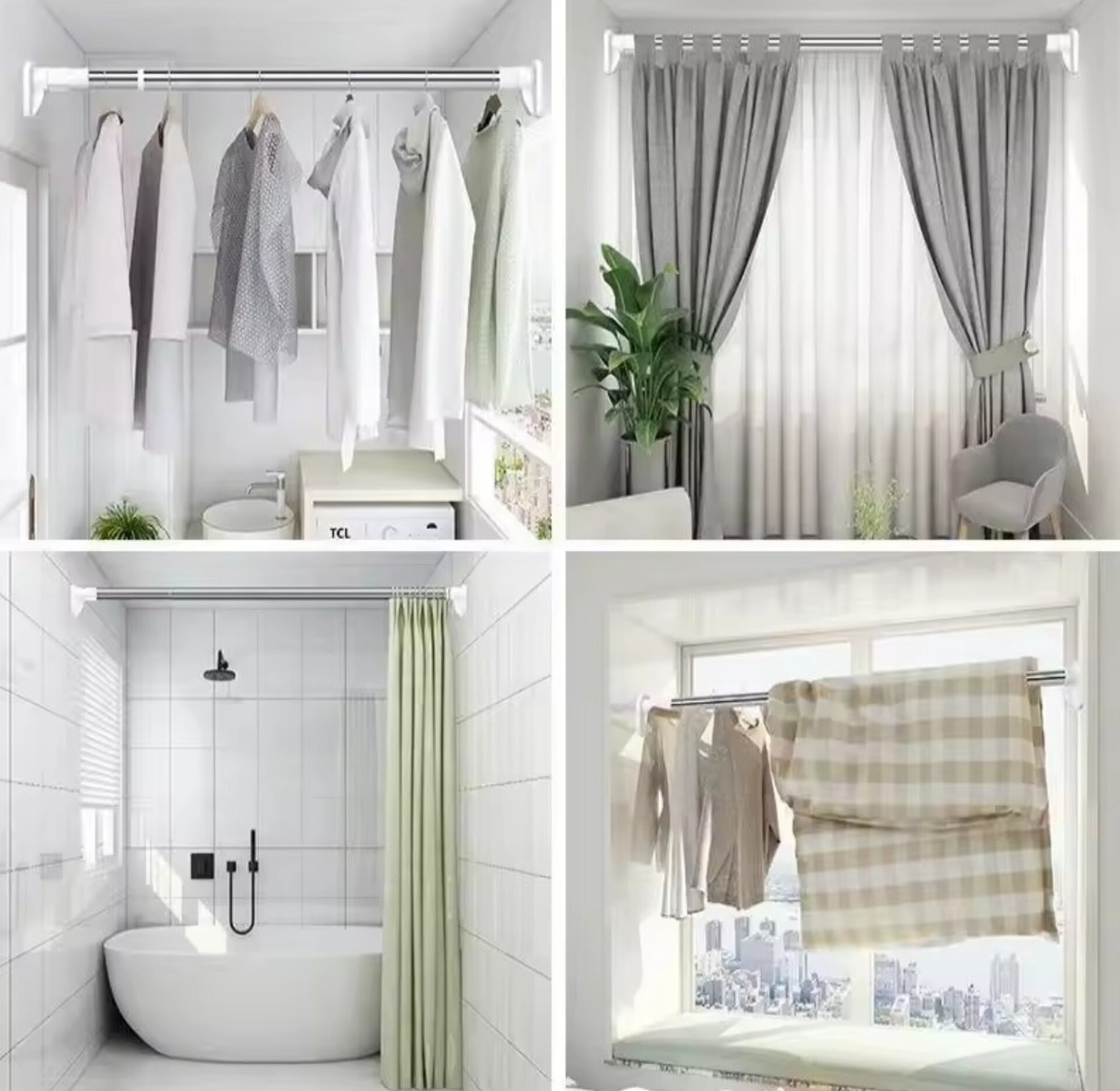 Multipurpose Adjustable Stainless Steel Tension Rod for Curtains, Wardrobe & Shower – No-Drill DIY Installation 110-200cm image