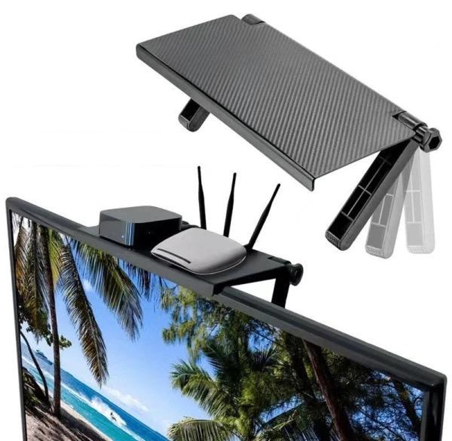 Adjustable TV and computer monitor top storage shelf image