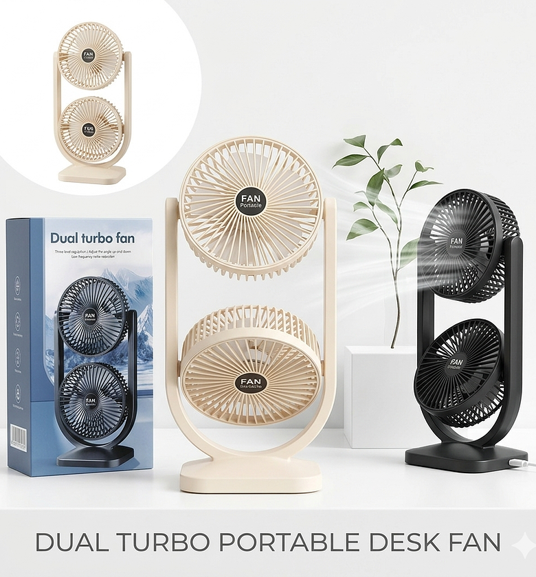 Rechargeable Dual Turbo Fan Vertical 3-Speed Double Head Portable Desk Fan for Office & Home image