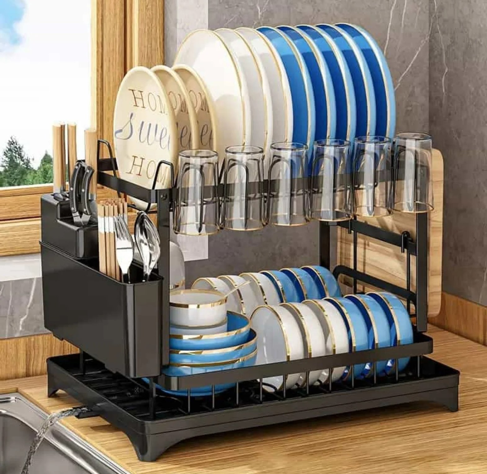 Premium 2-Tier Carbon Coated Dish Drying Rack with 360° Swivel Drainage image