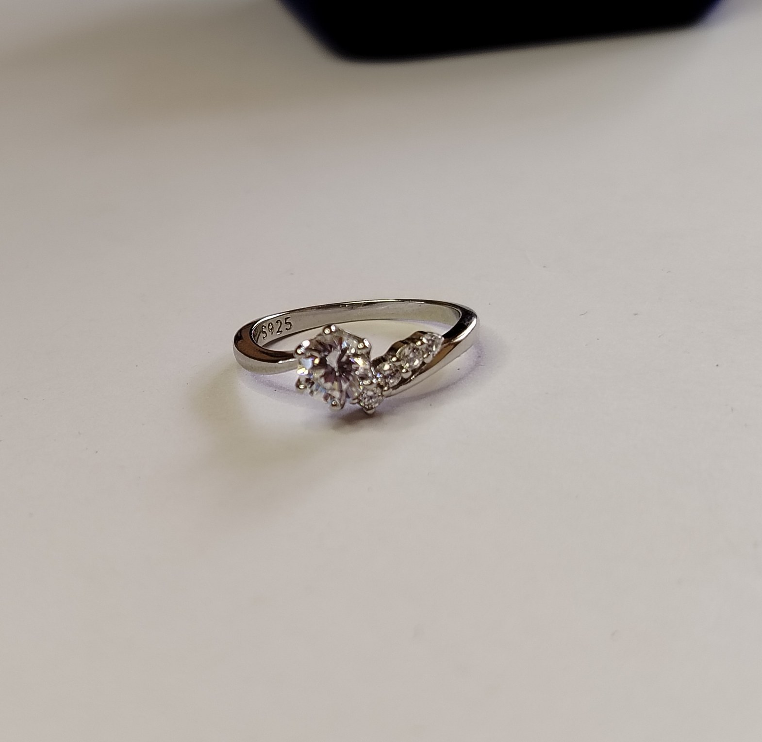 Asymmetrical six claw, minimalist cubic zirconia, sterling silver engagement/promise ring  image