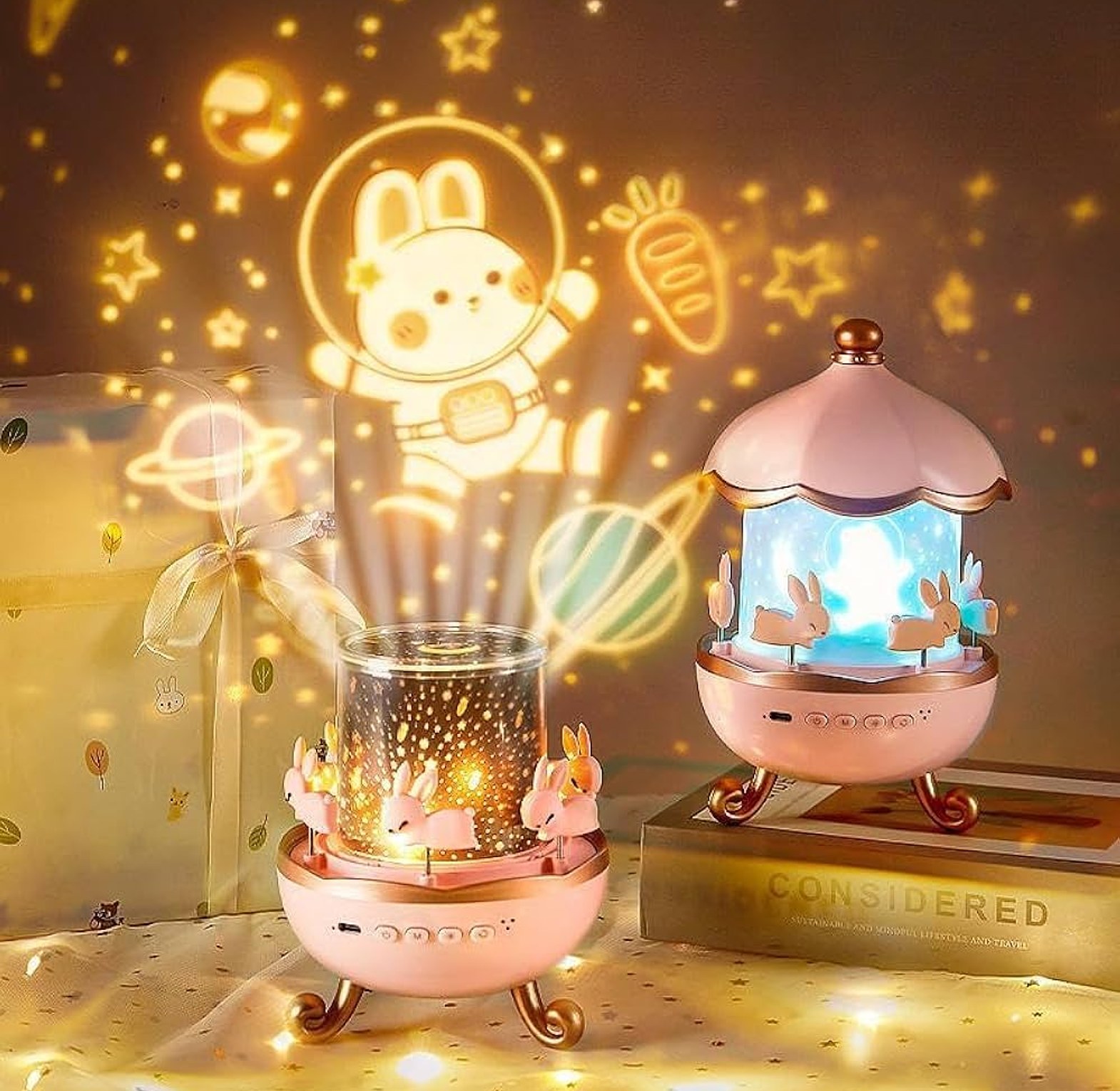 Bunny Carousel Night Light Projector 360 Rotating Kids Bedside Lamp Nursery Light with Interchangeable Projection Films image