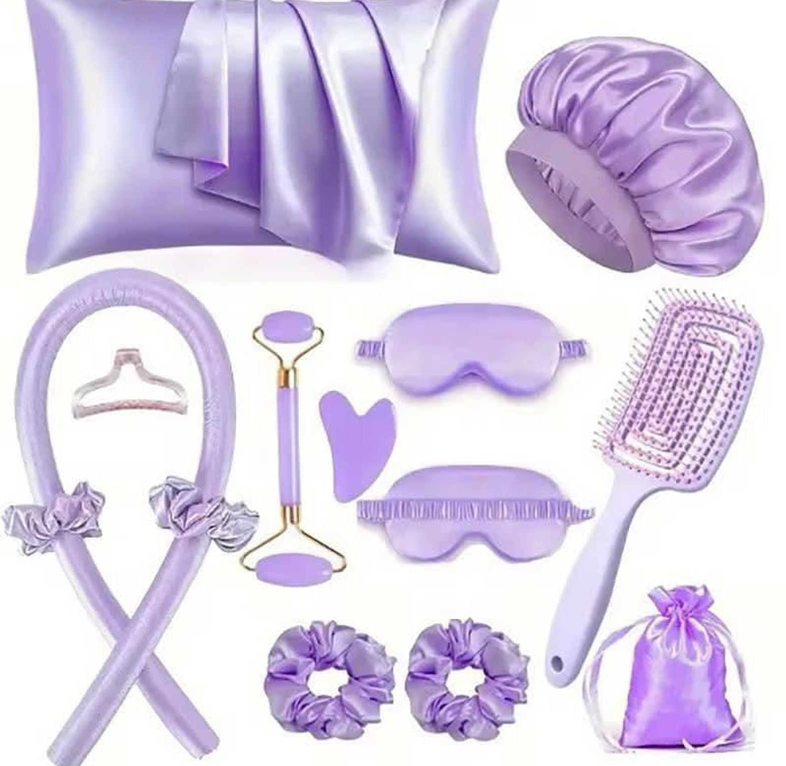 12-Piece Premium Silk Satin Pillowcase Bonnet Heatless Hair Curler & Jade Roller Beauty Care Set  image
