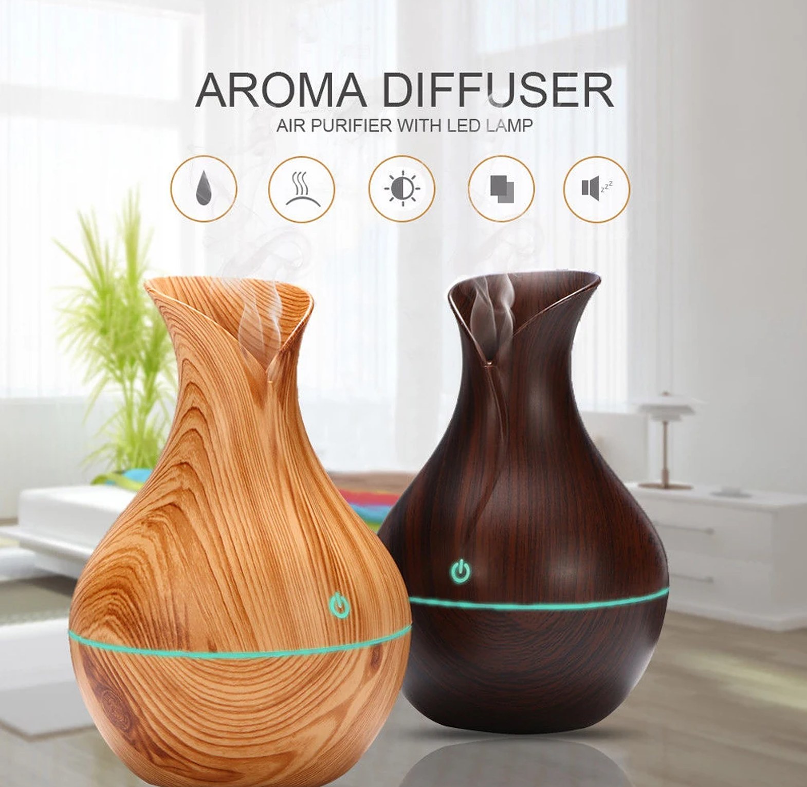 130ml Ultrasonic Wood Grain Essential Oil Diffuser & Humidifier with 7-Color LED Light - Portable Aroma Mist Maker for Home & Office image