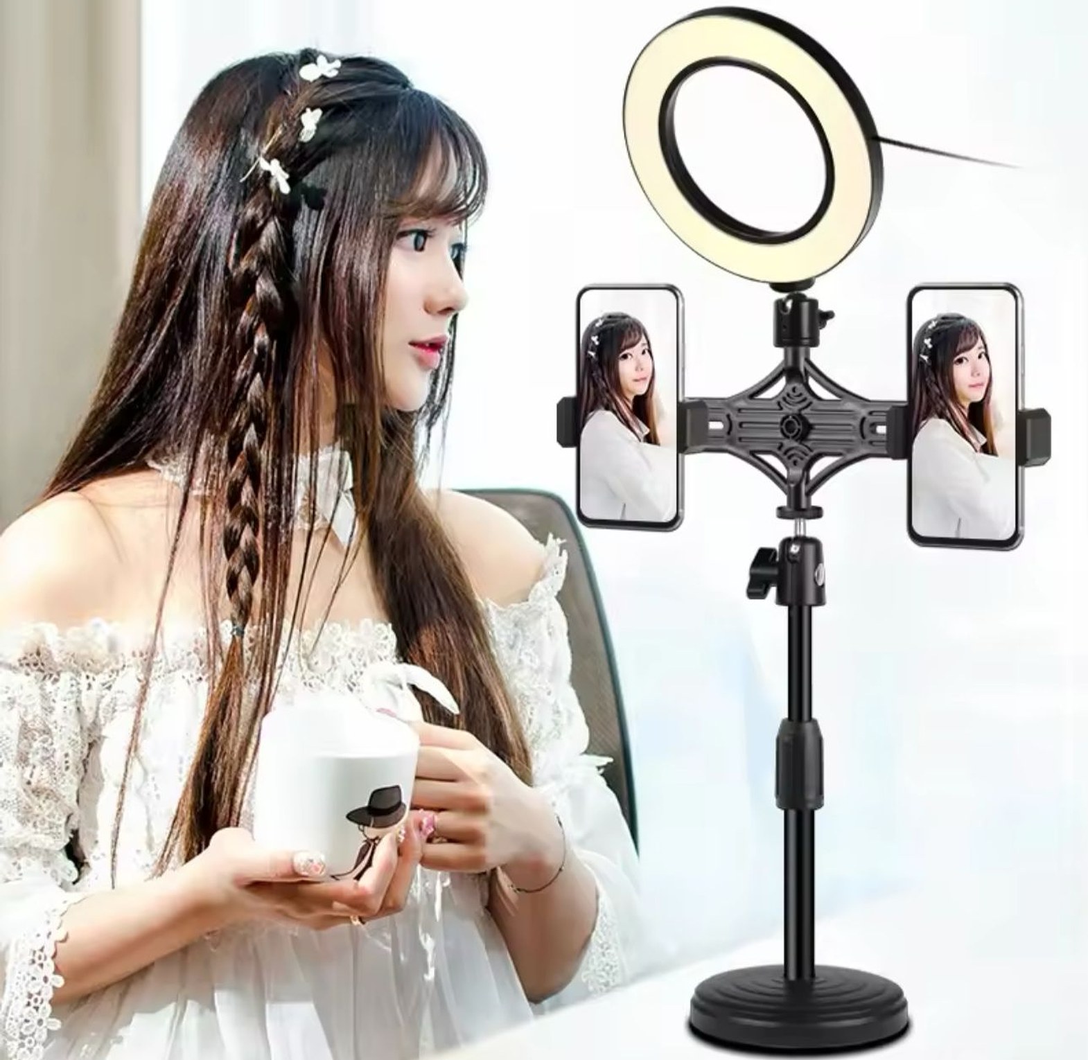 Adjustable Ring Light With Dual Phone Holder Tripod Stand image