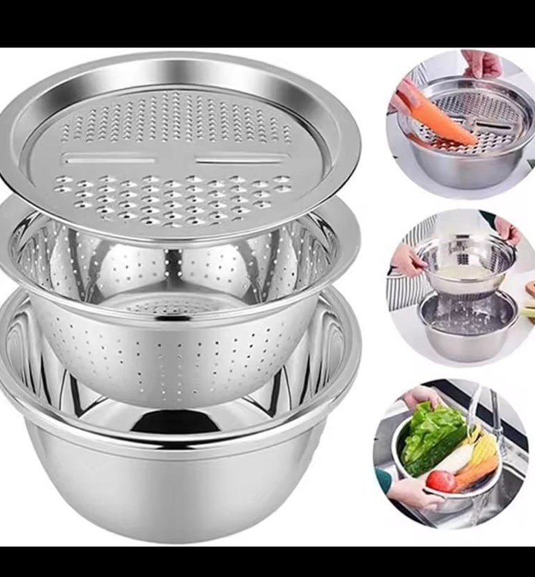 3 In 1 Stainless Steel Vegetable Basin, Drainer and slicer image