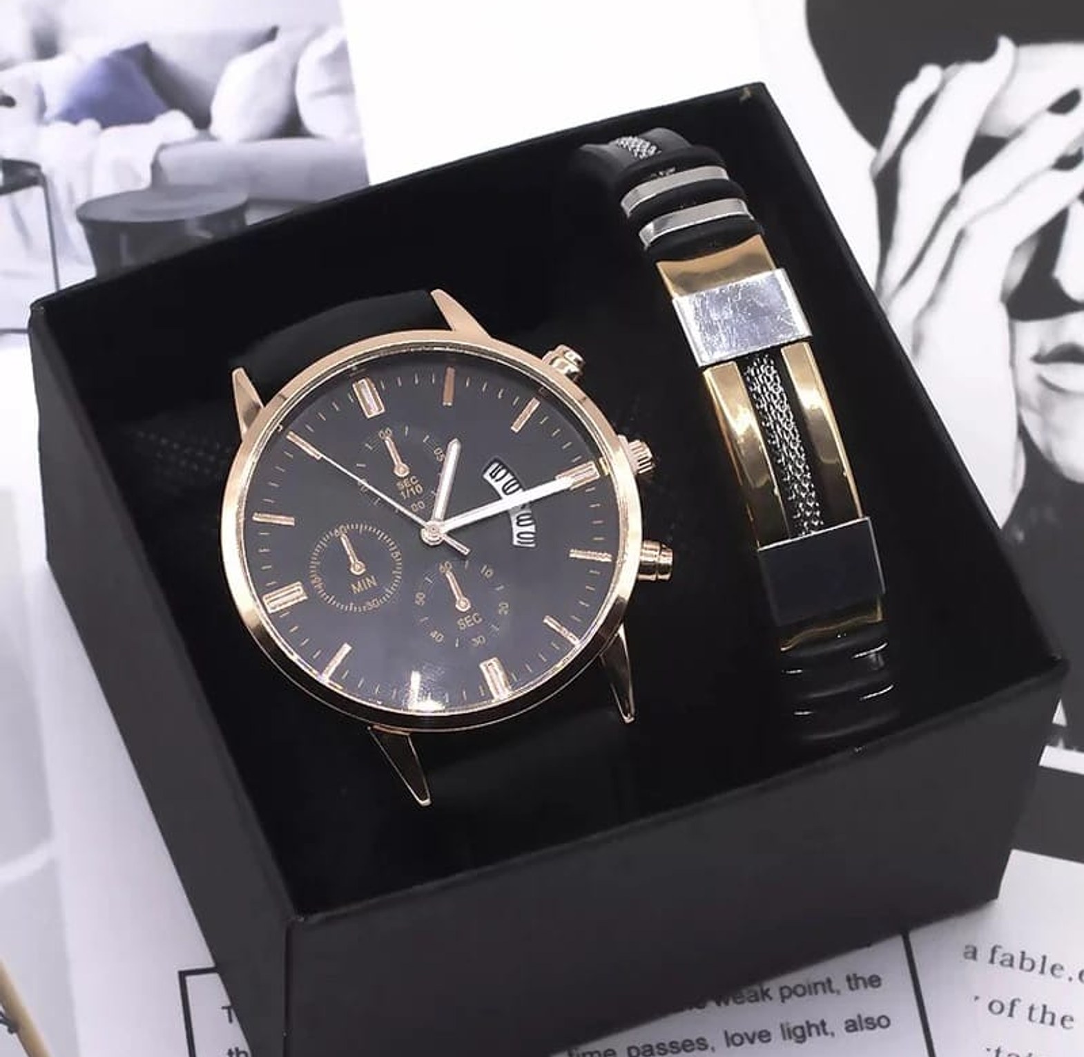 2-Piece Men's Business Luxury Gift Set with Quartz Calendar Watch and Designer Bracelet image