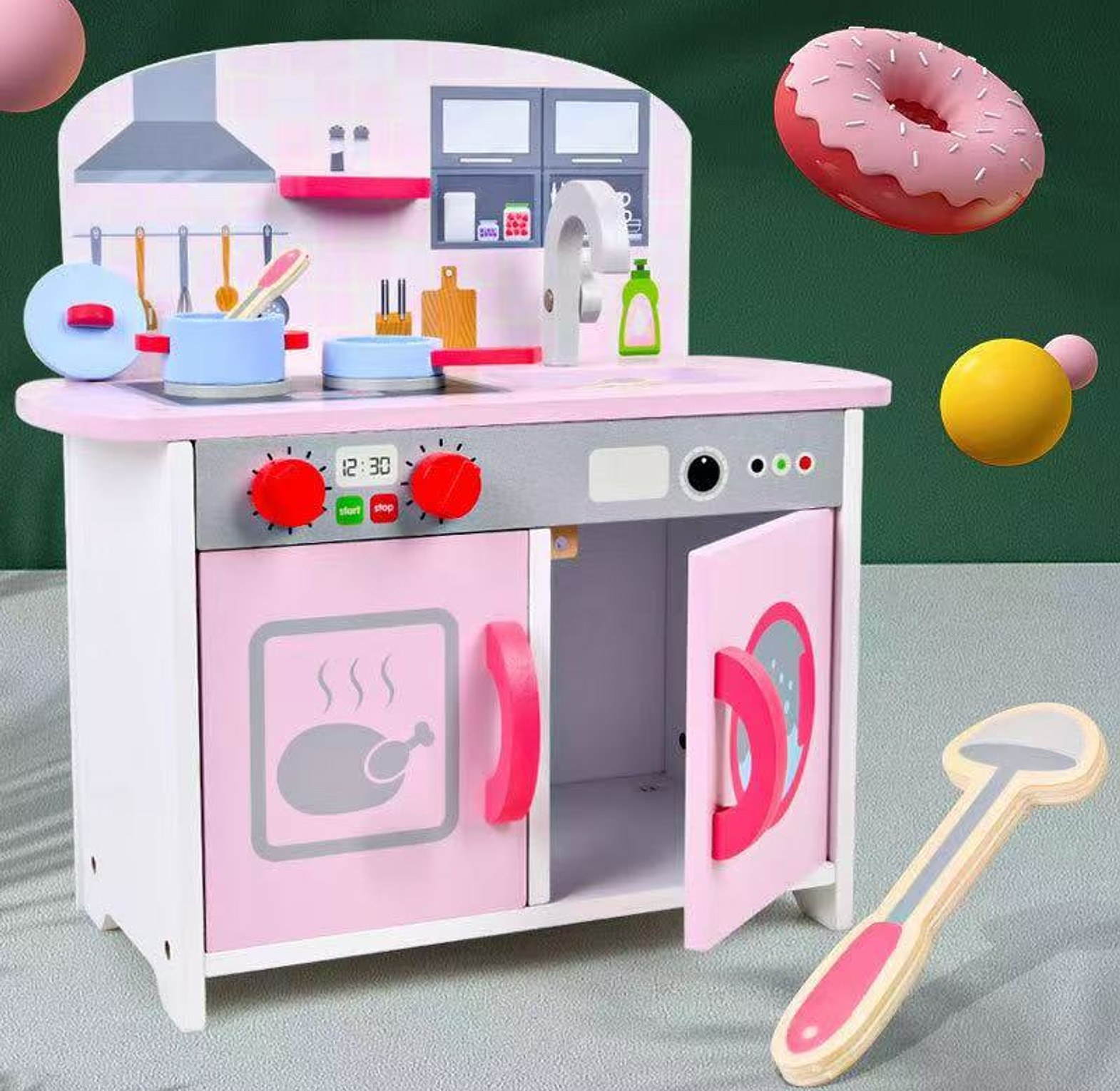  38cm Height Kids Wooden Toy Kitchen, a playset designed for children to engage in imaginative play image