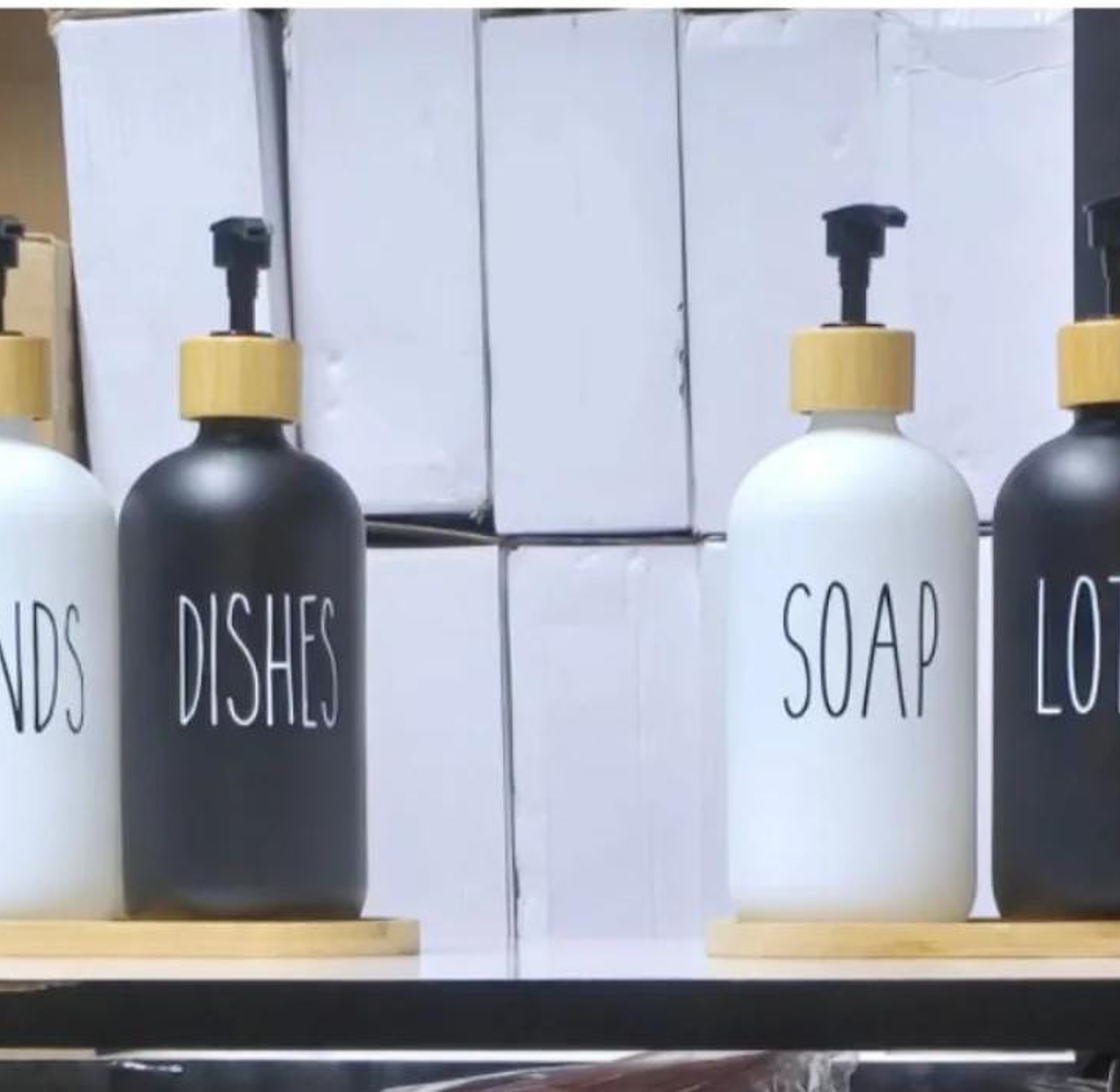 Ceramic soap Lotion Dispensers with bamboo holder. image