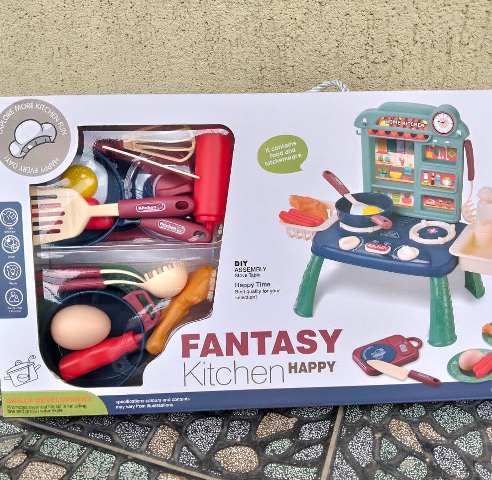 30PCS Fantasy Kitchen Happy". It is a toy kitchen set designed for children aged 3 and above image