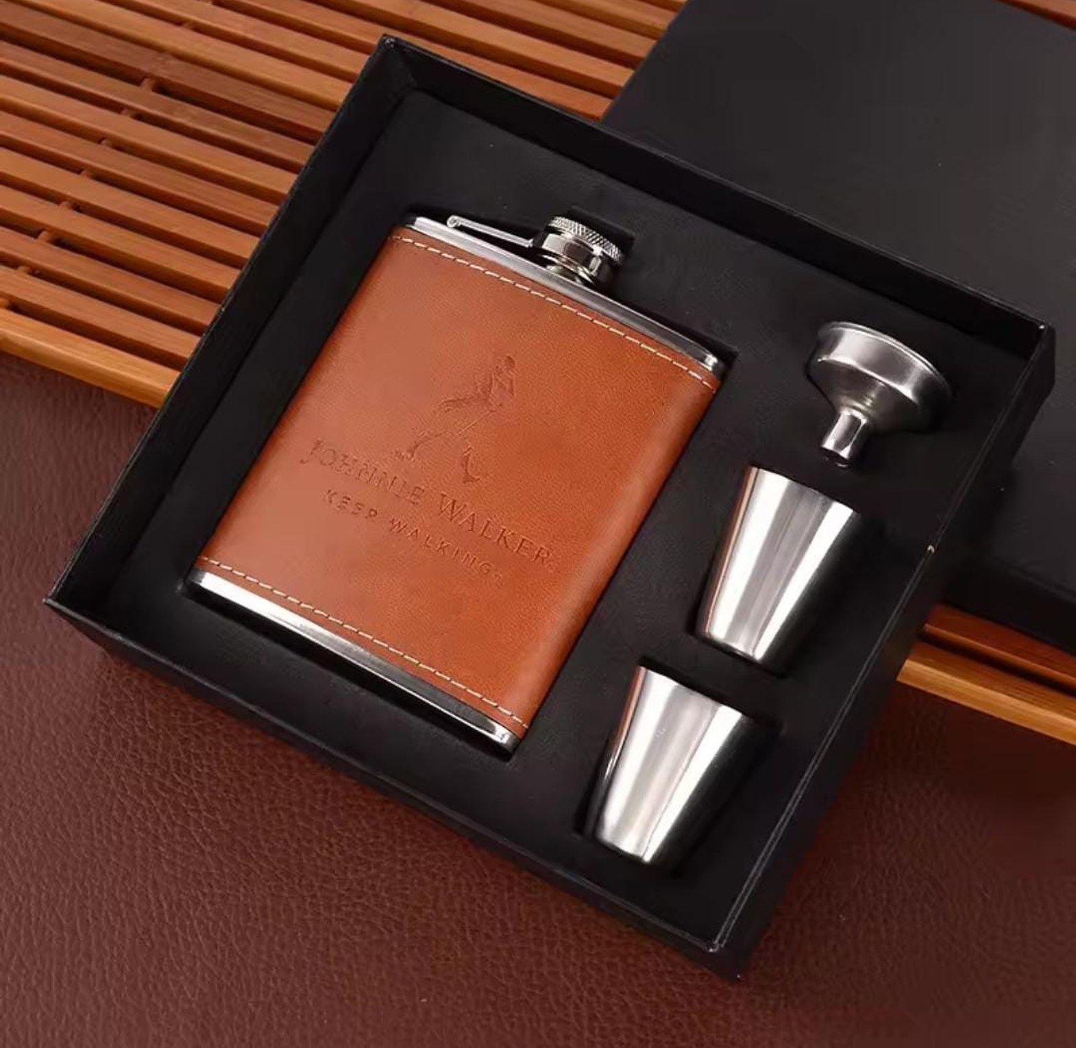 Johnnie Walker Premium Leather Wrapped Hip Flask Set with 2 Shot Cups & Funnel - 8oz Stainless Steel Pocket Liquor Flask Kenya image