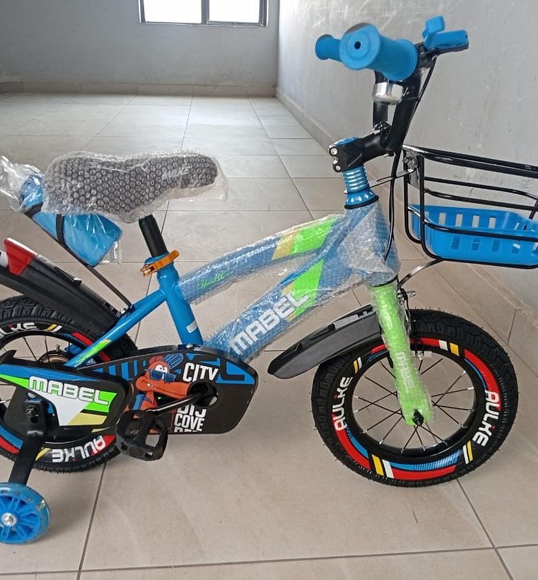 12-Inch Kids Bicycle with Training Wheels, Front Basket & Chain Guard – Blue/Green Children's Bike image