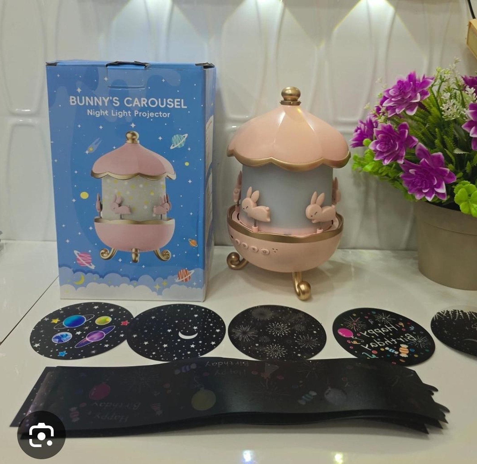 Bunny Carousel Night Light Projector 360 Rotating Kids Bedside Lamp Nursery Light with Interchangeable Projection Films image