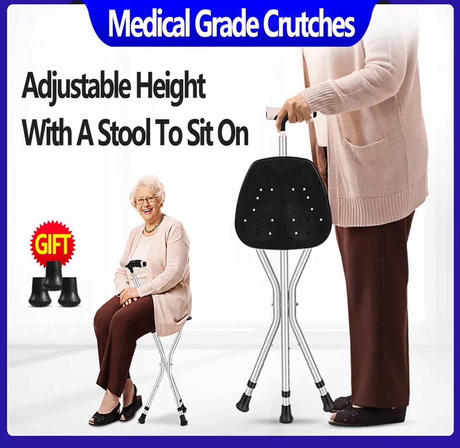 2-in-1 Elderly Walking Stick with Stool image
