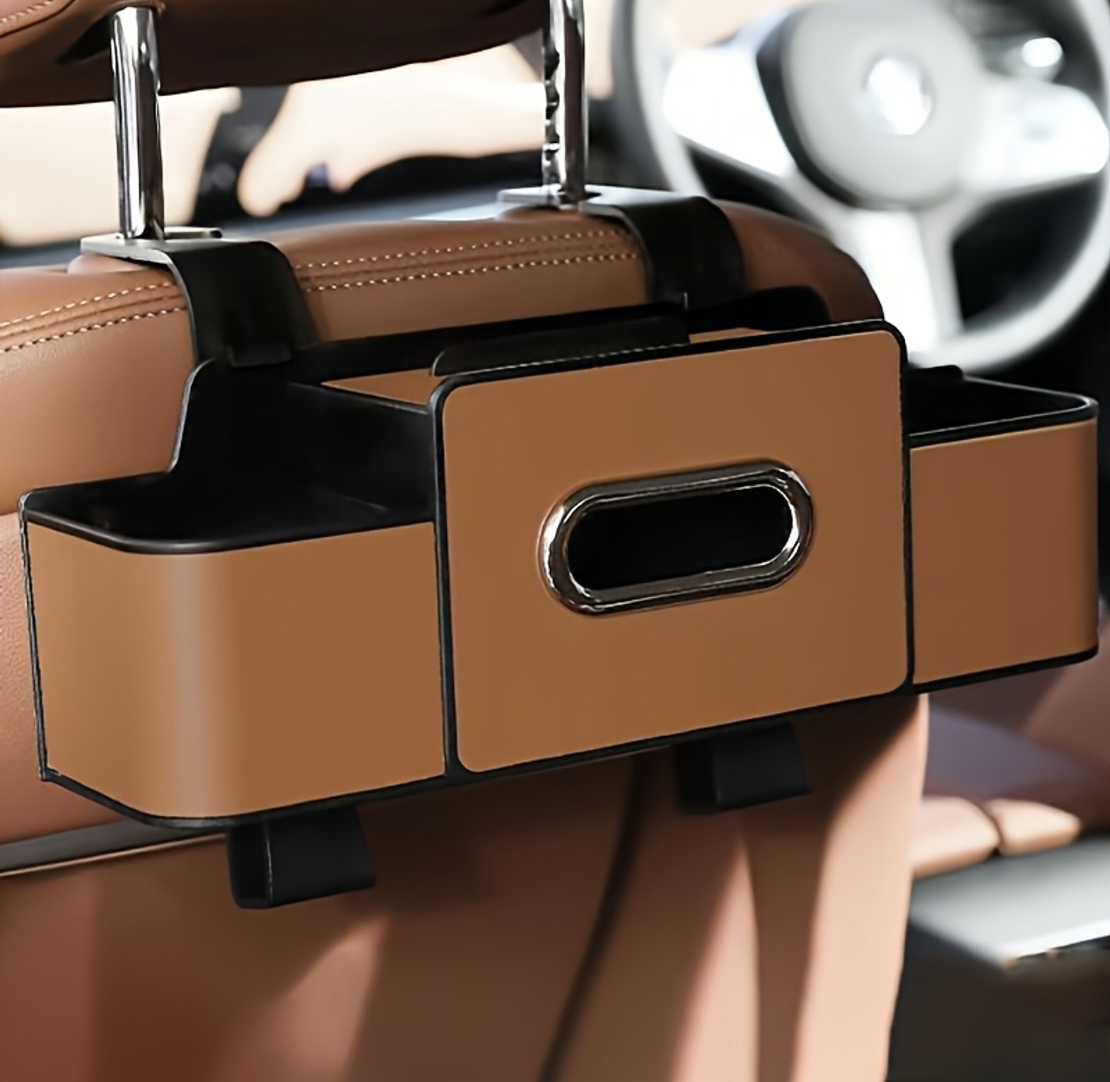 3-in-1 Premium Leather Car Seat Back Storage Box & Tissue Holder Organizer - Universal Fit image