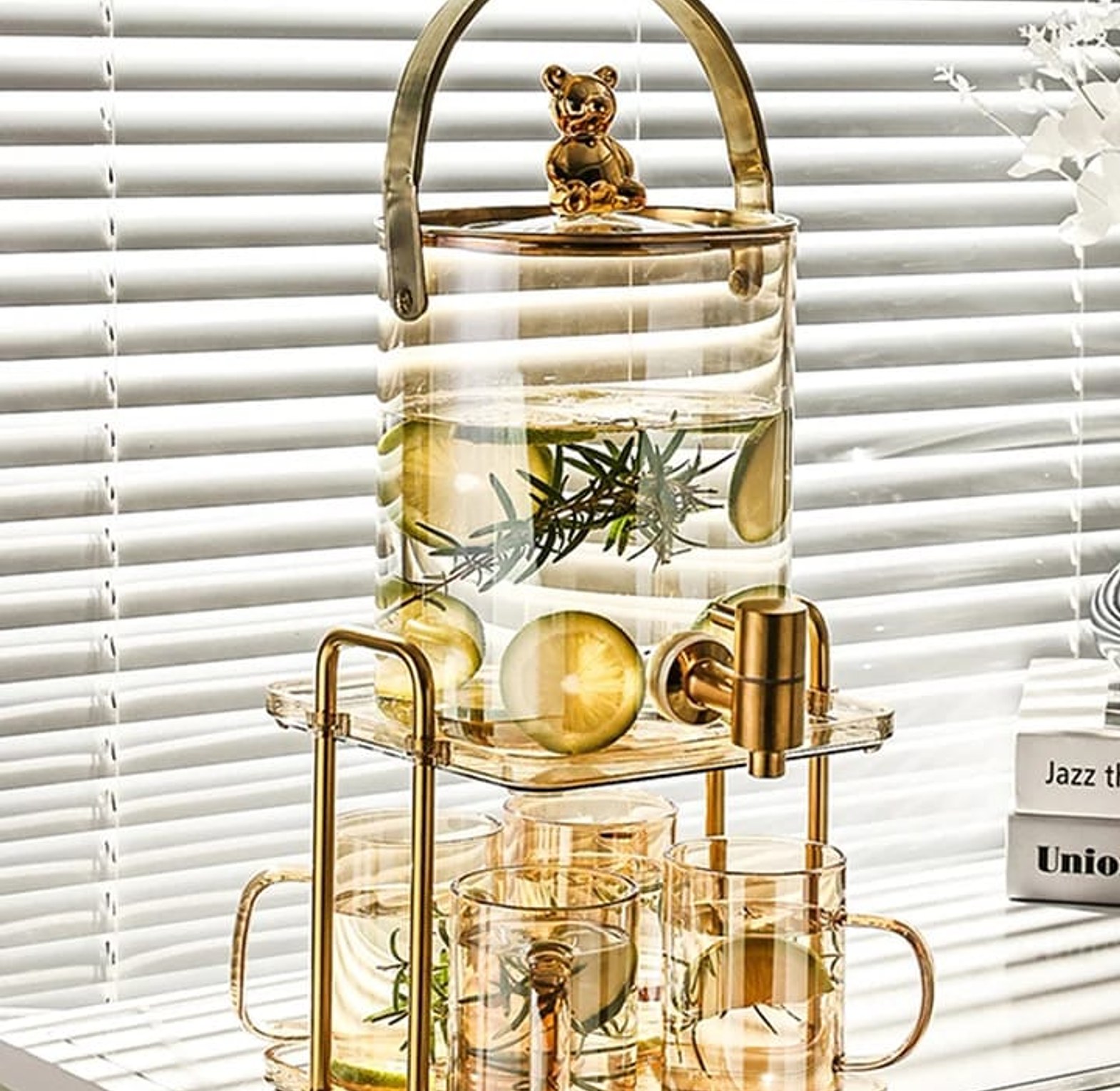  3.6L Luxury Glass Beverage Dispenser Set with Faucet & 4 Mugs image