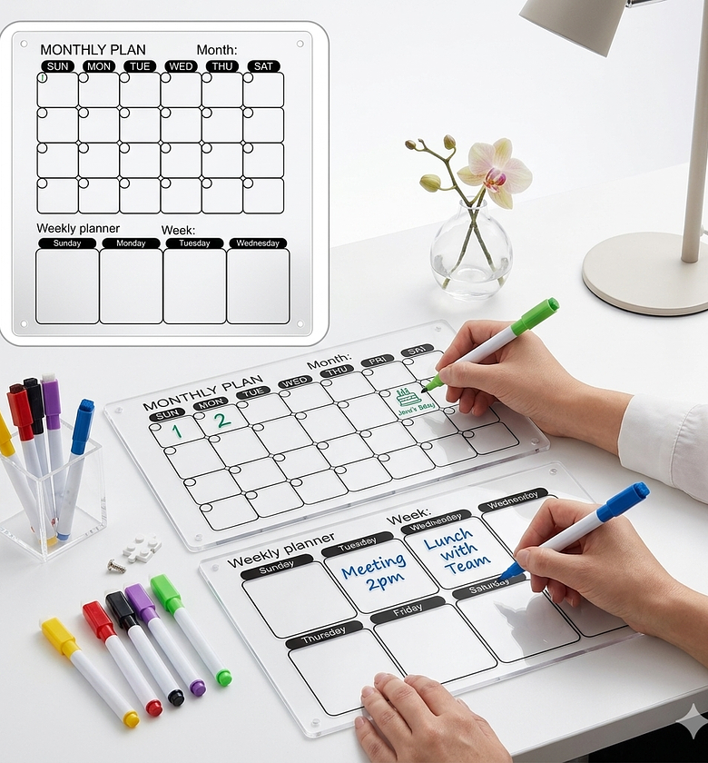 Acrylic Monthly and Weekly Dry Erase Calendar Planner Board Set with Markers for Wall & Fridge Organization image