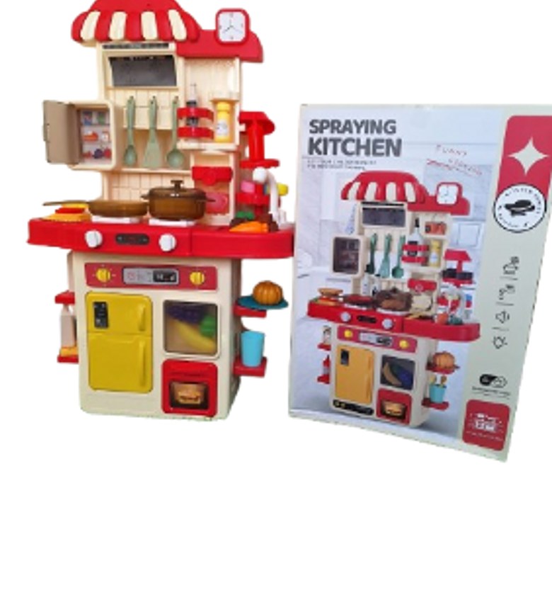 48pcs Kitchen Playset for Boys and Girls, kid play kitchen with Realistic Lights and Sounds, Spray sink ,Pretend Food Toys Kitchen for Toddler image