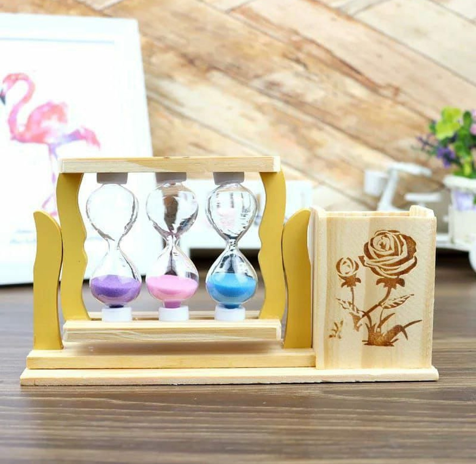 Handicraft Wooden Pen Stand With 3 Hourglass Timer image