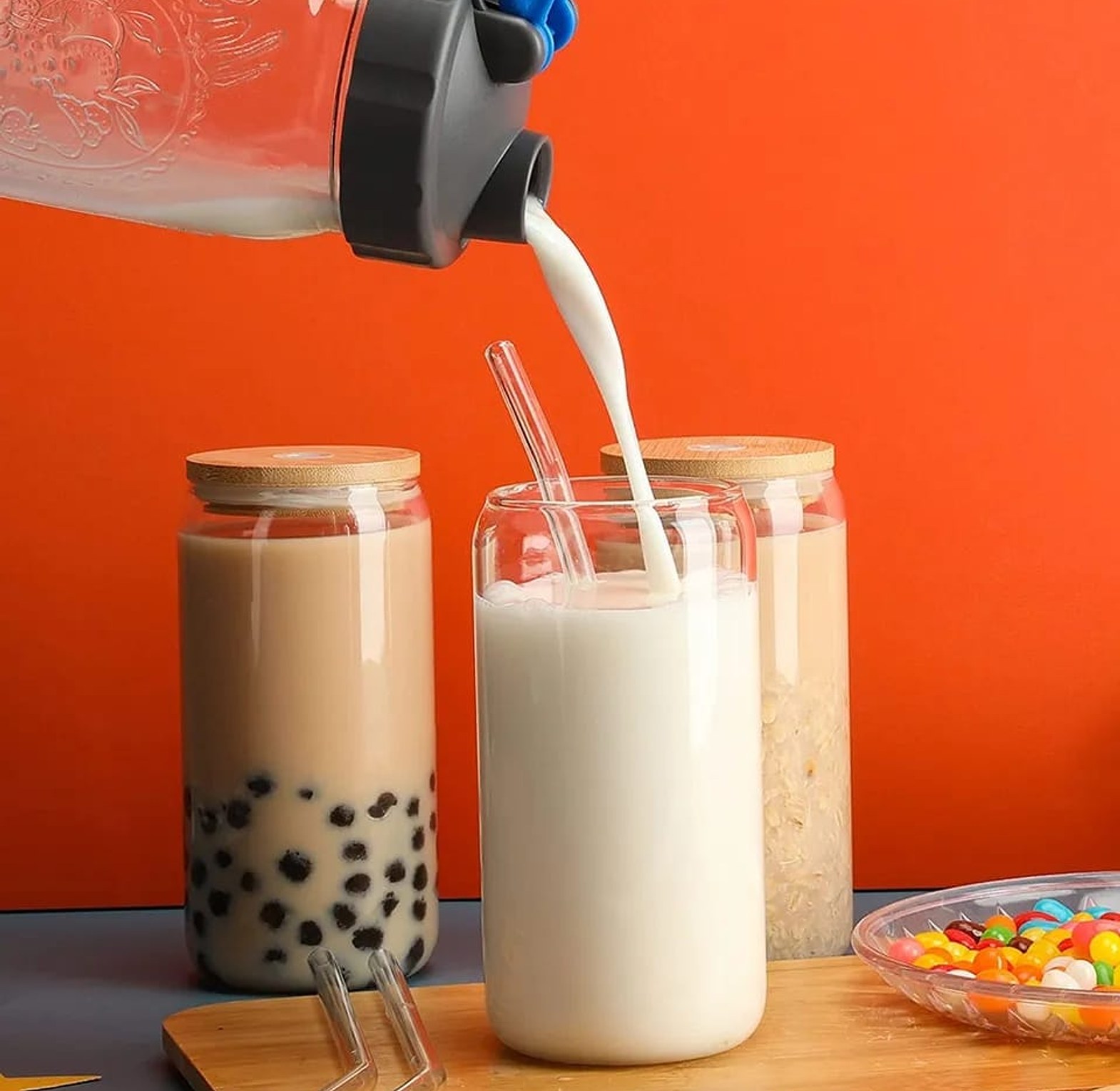 500ml transparent glass cup with lid, straw, and cleaning brush image