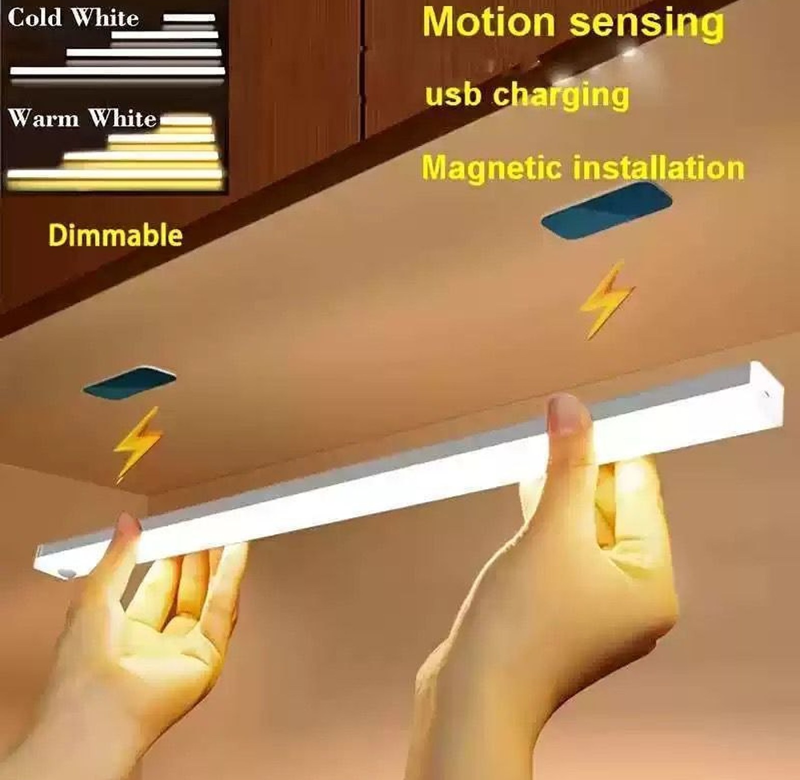 Motion Sensor LED Light Bar USB Rechargeable Magnetic Wardrobe Cabinet Night Light – Warm/Cool White image