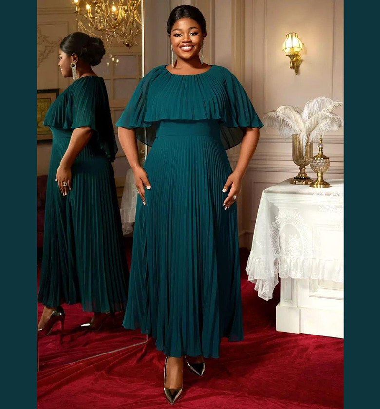 Emerald Cascade Pleated Chiffon Dress image