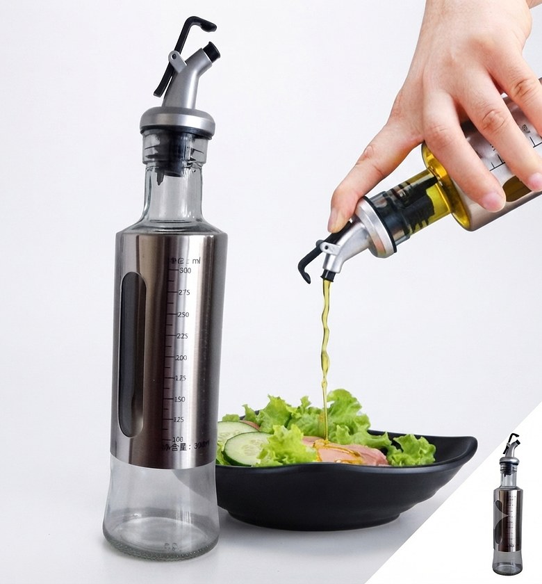 Glass Oil Dispenser with Measurement Scale 300ml Stainless Steel Kitchen Oil Control Pot for Healthy Cooking image