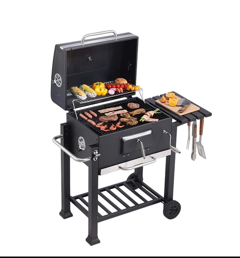 Heavy-Duty Commercial BBQ Charcoal Grill with Side Table & Trolley image