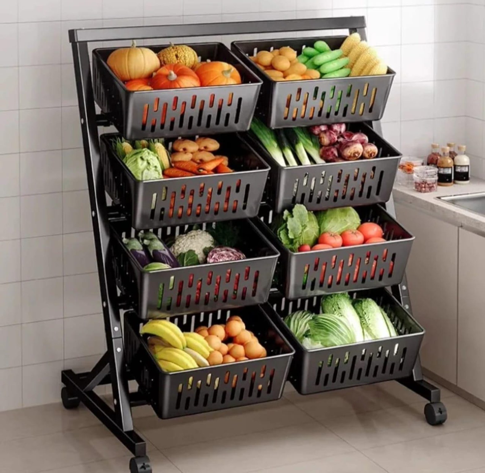 4-Tier Double Multi-Functional Steel Vegetable & Fruit Rack with Lockable Wheels image