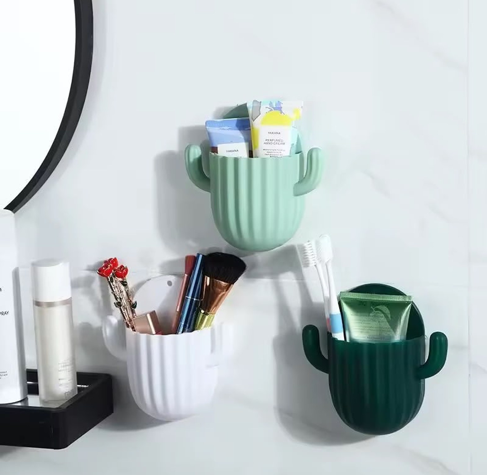 Cactus Wall Mounted Toothbrush Holder and Makeup Brush Organizer Cup with Adhesive Hooks for Bathroom & Vanity Storage image