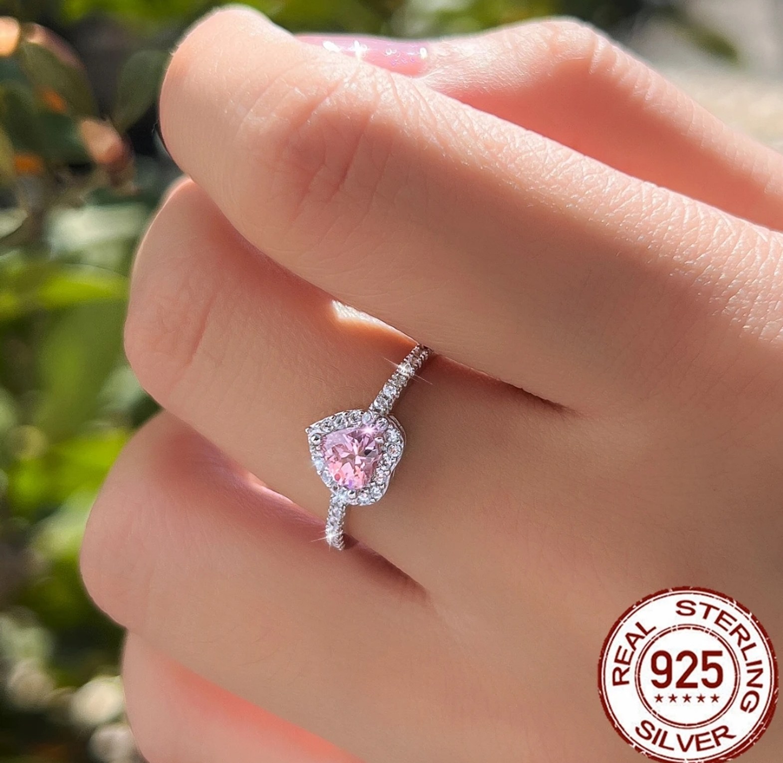 Pink Heart Romantic Engagement Proposal Promise Sterling Silver Ring image