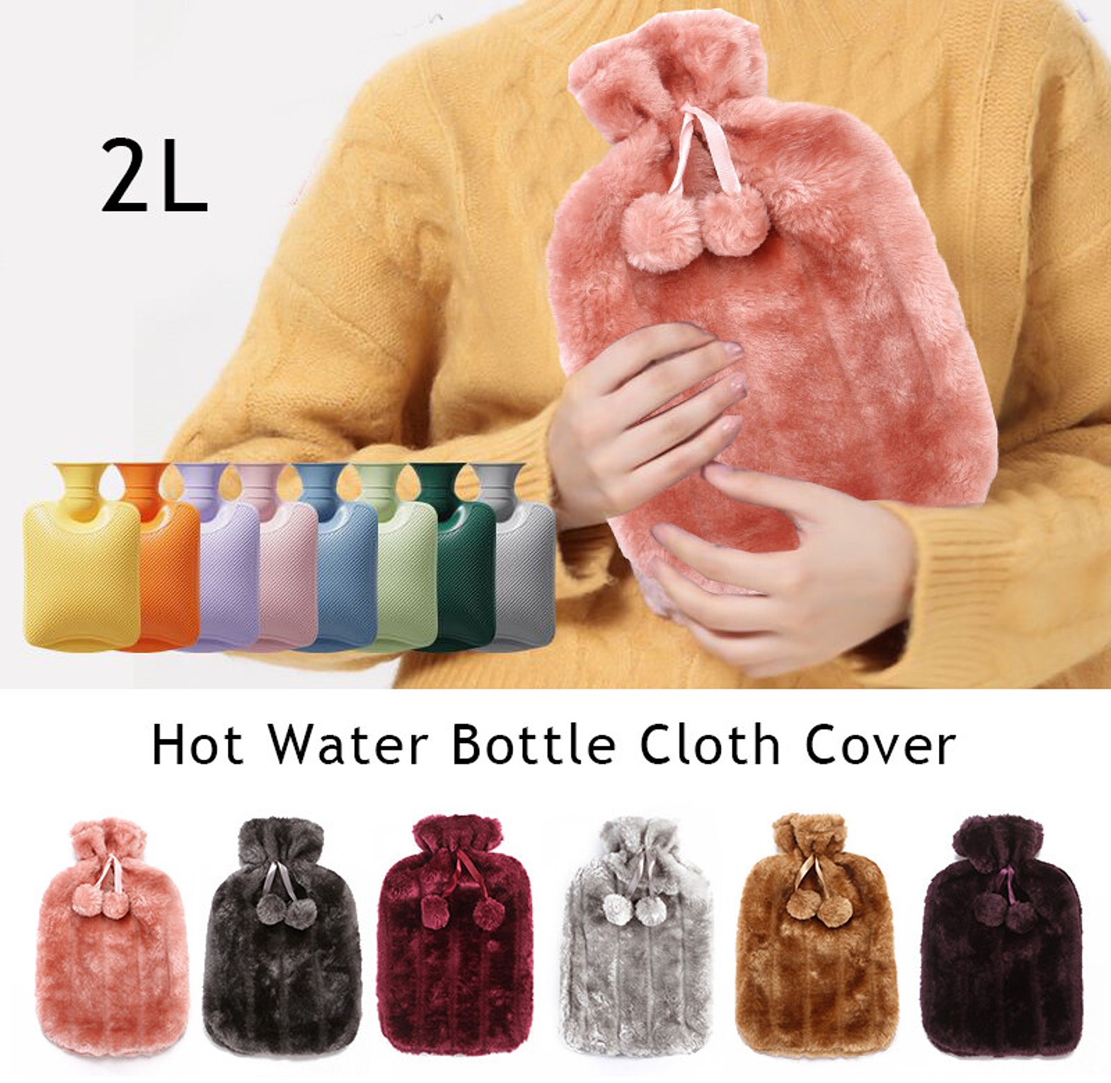 2L Premium Hot Water Bottle with Removable Plush Faux Fur Cover for Pain Relief and Warmth - High Quality Rubber Bag image