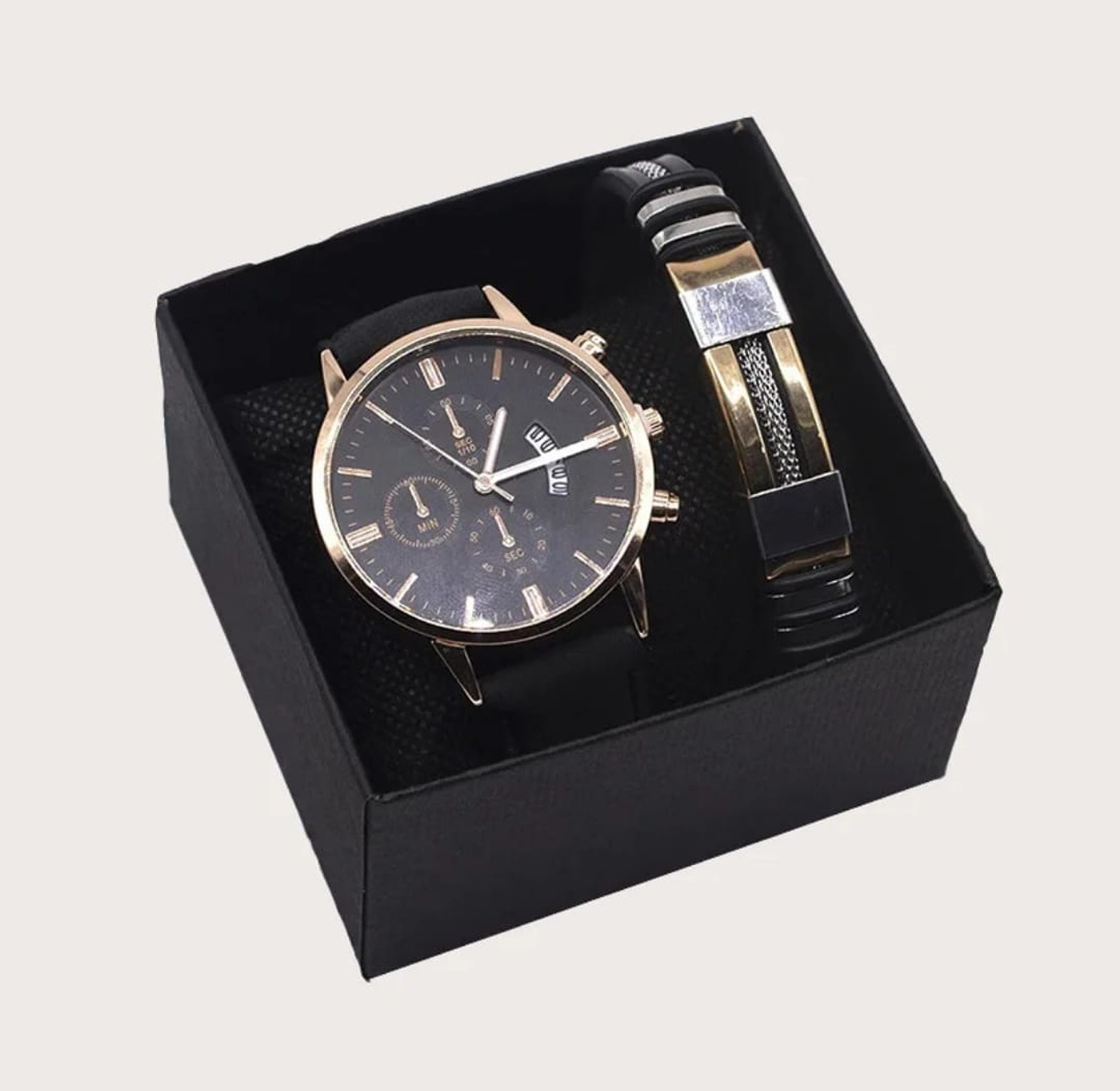 2-Piece Men's Business Luxury Gift Set with Quartz Calendar Watch and Designer Bracelet image