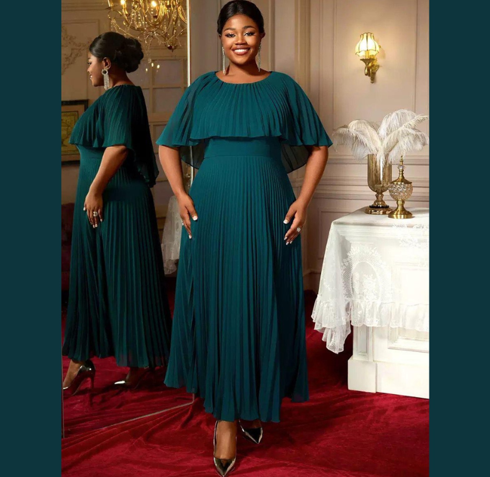 Emerald Cascade Pleated Chiffon Dress image