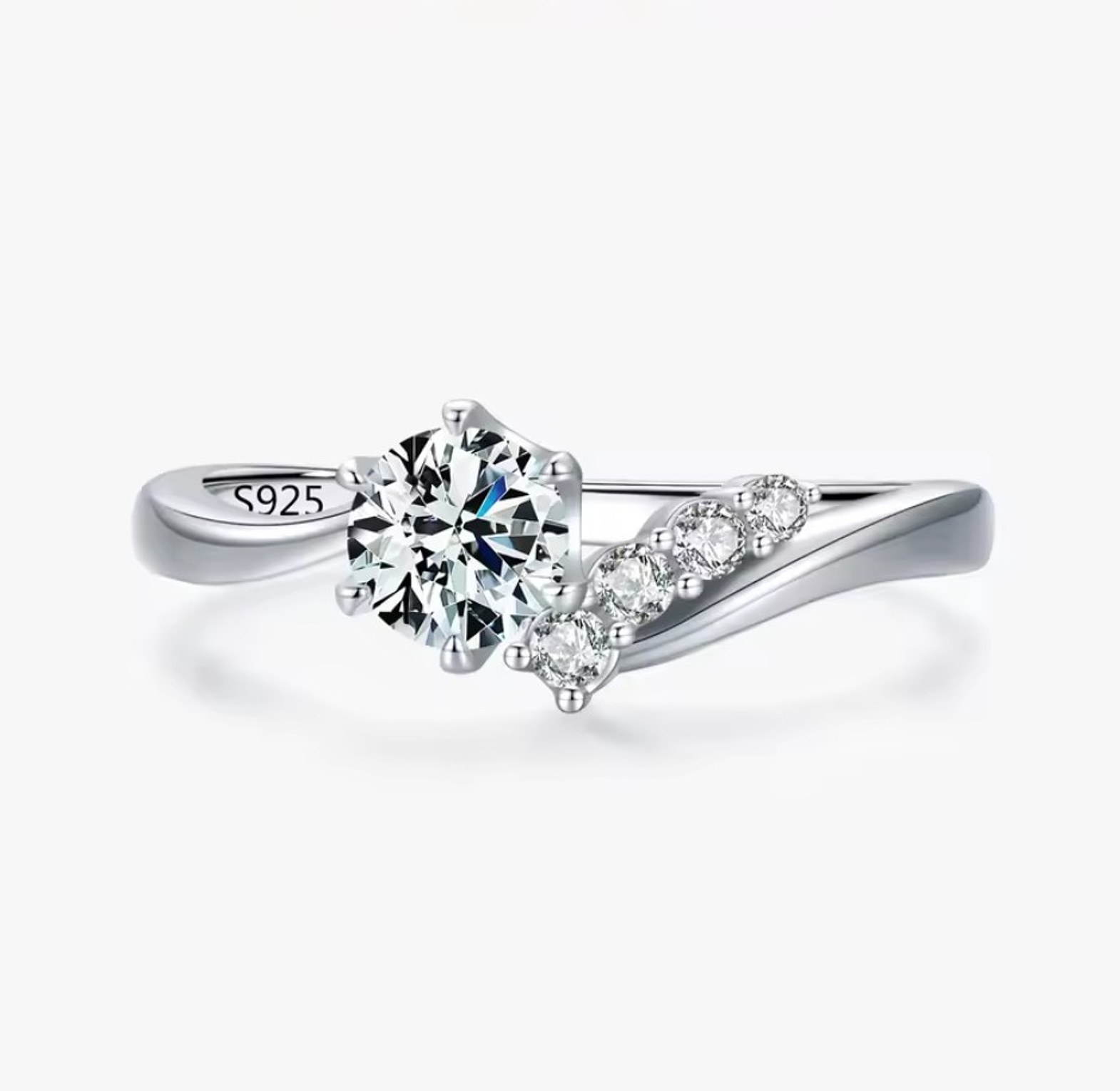 Asymmetrical six claw, minimalist cubic zirconia, sterling silver engagement/promise ring  image