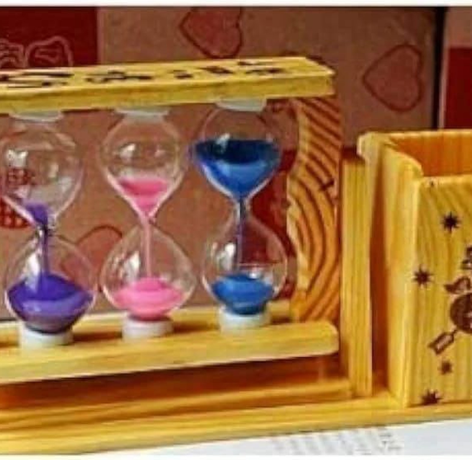 Handicraft Wooden Pen Stand With 3 Hourglass Timer image
