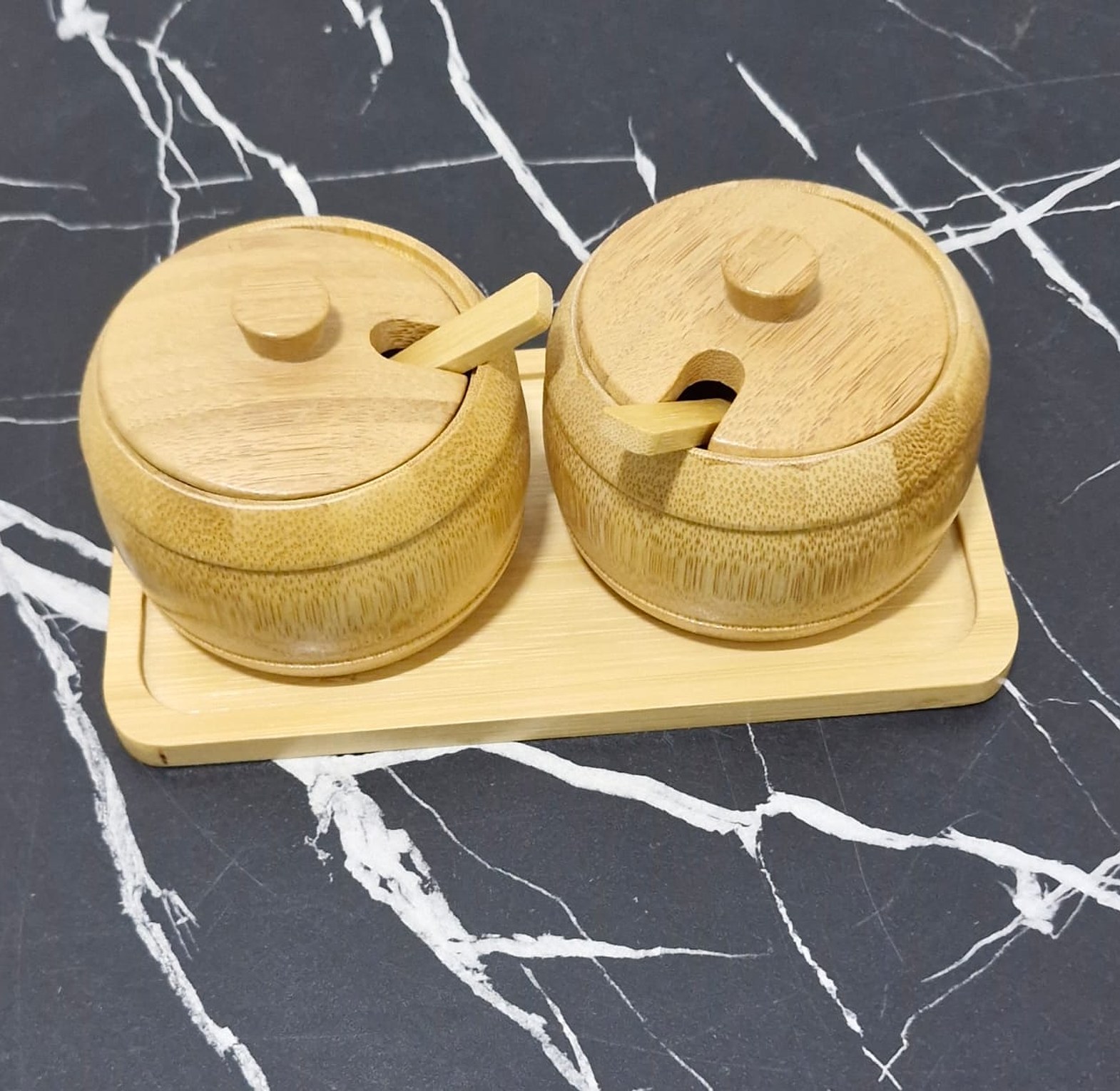 3-Piece Bamboo Condiment Jar Set with Tray & Spoons image