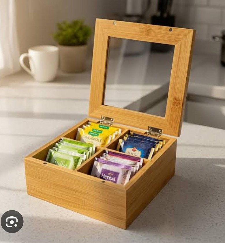 Bamboo Tea Bag Organizer Box with Clear Lid - 4 Compartment Storage for Kitchen & Home Organization image