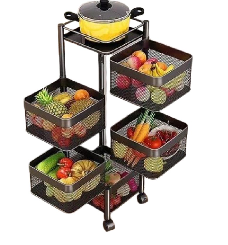 5-Tier Square Rotating Storage Rack or Fruit and Vegetable Organizer Basket with Wheels.  image