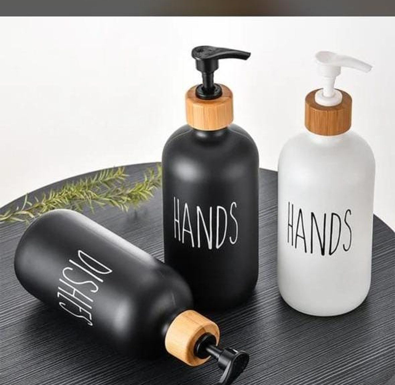 Soap Dispenser. Hands- dishes, soap- lotion branded Refillable ceramic bottles with Bamboo base image