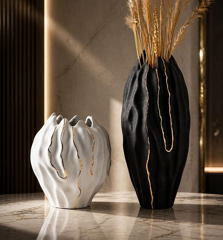 Gold & Black Tall Decorative Vase Set (2-Piece Luxury Statement Collection) image